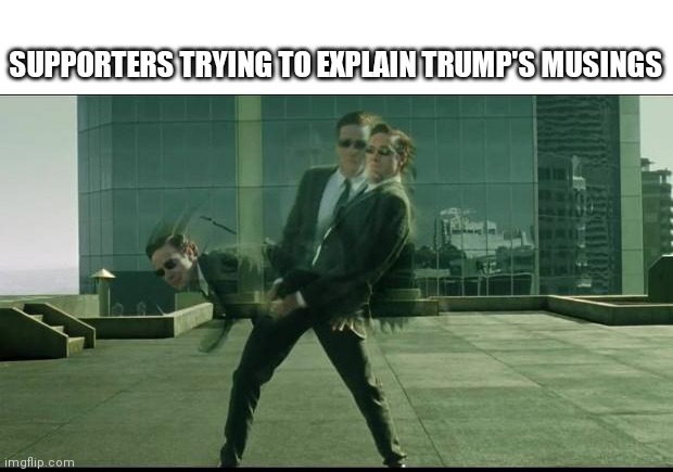 Trying to justify the musings of a very stable genius | SUPPORTERS TRYING TO EXPLAIN TRUMP'S MUSINGS | image tagged in matrix dodging bullets | made w/ Imgflip meme maker