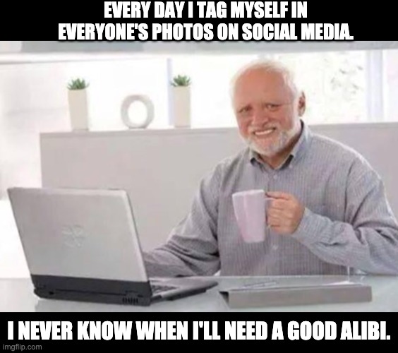 Be safe! | EVERY DAY I TAG MYSELF IN EVERYONE'S PHOTOS ON SOCIAL MEDIA. I NEVER KNOW WHEN I'LL NEED A GOOD ALIBI. | image tagged in harold | made w/ Imgflip meme maker
