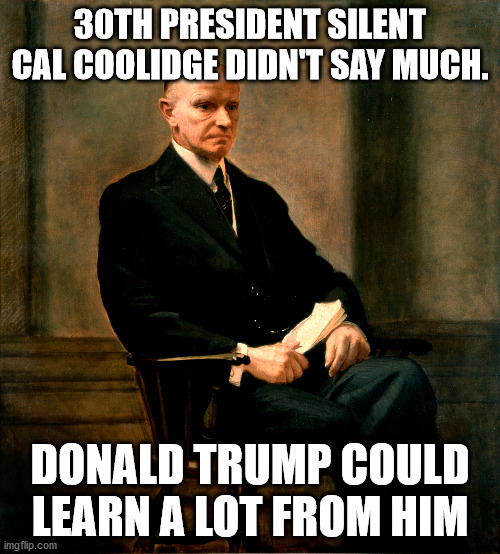 Silent Cal | 30TH PRESIDENT SILENT CAL COOLIDGE DIDN'T SAY MUCH. DONALD TRUMP COULD LEARN A LOT FROM HIM | image tagged in trump | made w/ Imgflip meme maker