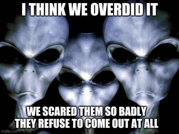 Panicking the herd was a bad idea | I THINK WE OVERDID IT; WE SCARED THEM SO BADLY THEY REFUSE TO COME OUT AT ALL | image tagged in angry aliens,yes they started it all,wear a tinfoil hat and you wll be safe,stay home,farm raised humans,you are just cattle | made w/ Imgflip meme maker