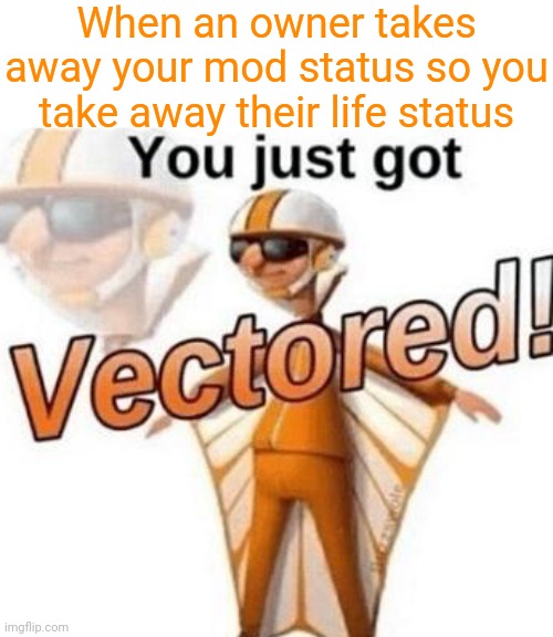 You just got MODERATED!!!! | When an owner takes away your mod status so you take away their life status | image tagged in you just got vectored | made w/ Imgflip meme maker
