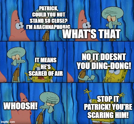 He's Scared of Spiders, Spongebob | PATRICK, COULD YOU NOT STAND SO CLOSE? I'M ARACHNAPHOBIC. WHAT'S THAT; NO IT DOESNT YOU DING-DONG! IT MEANS HE'S SCARED OF AIR; WHOOSH! STOP IT PATRICK! YOU'RE SCARING HIM! | image tagged in stop it patrick you're scaring him | made w/ Imgflip meme maker