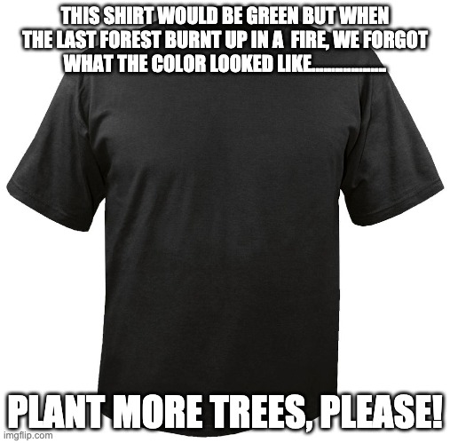 Where is Green? | THIS SHIRT WOULD BE GREEN BUT WHEN THE LAST FOREST BURNT UP IN A  FIRE, WE FORGOT WHAT THE COLOR LOOKED LIKE................... PLANT MORE TREES, PLEASE! | image tagged in blank t-shirt,trees,forest fires,green | made w/ Imgflip meme maker