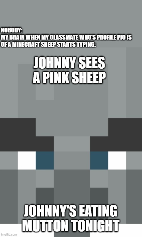 Vindicator | NOBODY:
MY BRAIN WHEN MY CLASSMATE WHO'S PROFILE PIC IS OF A MINECRAFT SHEEP STARTS TYPING:; JOHNNY SEES A PINK SHEEP; JOHNNY'S EATING MUTTON TONIGHT | image tagged in vindicator | made w/ Imgflip meme maker