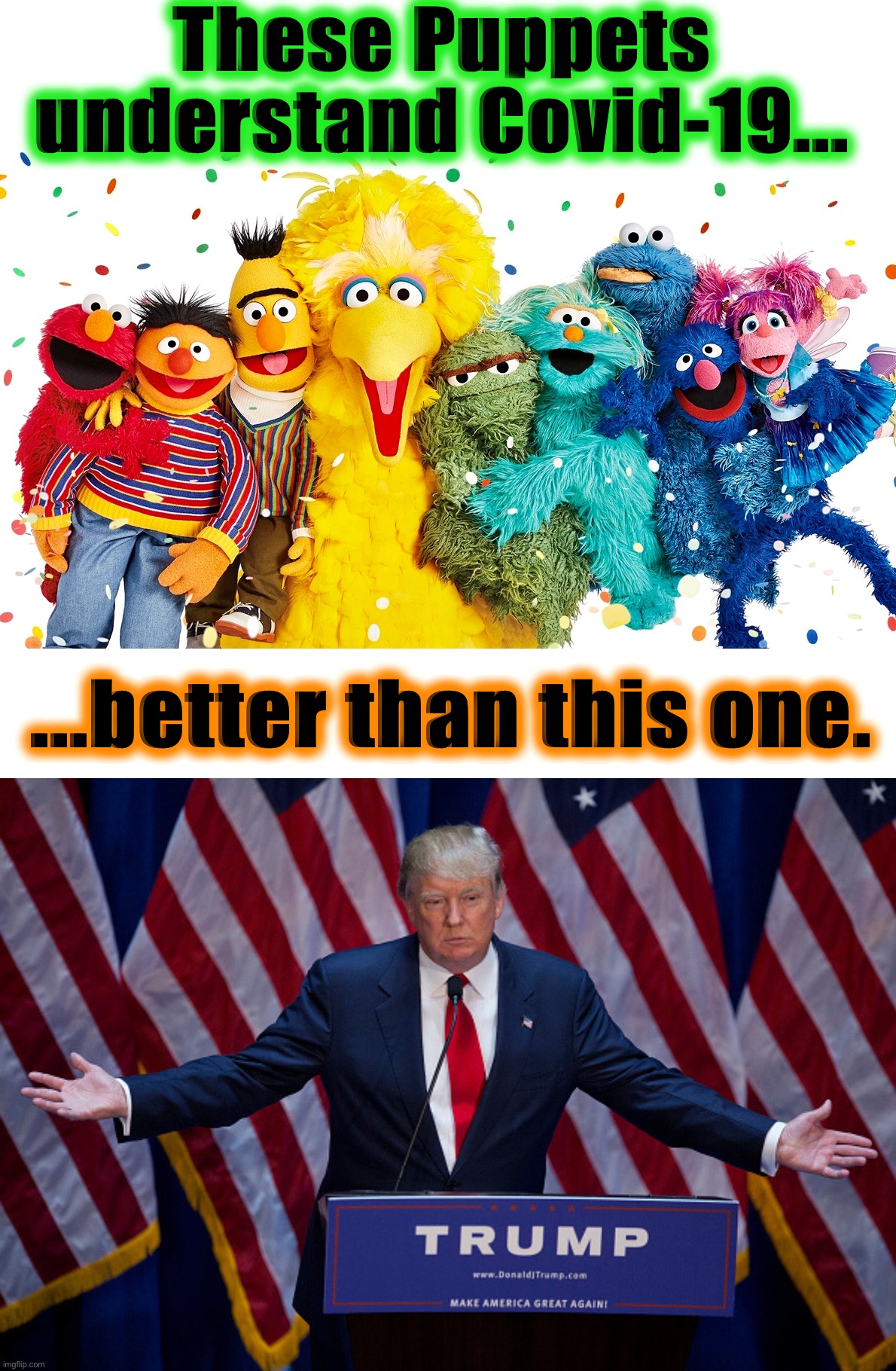 Covidiot-In-Chief meets his Cloth Overlords | These Puppets understand Covid-19... ...better than this one. | image tagged in donald trump,sesame street,memes,covidiots,coronavirus meme,world war c | made w/ Imgflip meme maker