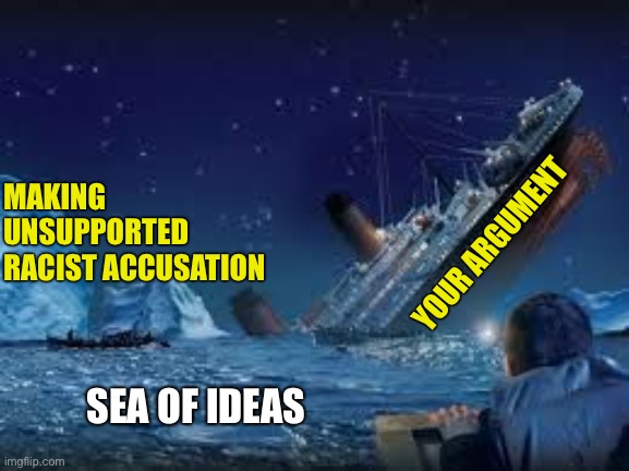 Titanic Mistake | MAKING UNSUPPORTED RACIST ACCUSATION; YOUR ARGUMENT; SEA OF IDEAS | image tagged in titanic,iceberg,racism accusation,arguing,navigating,sinking | made w/ Imgflip meme maker
