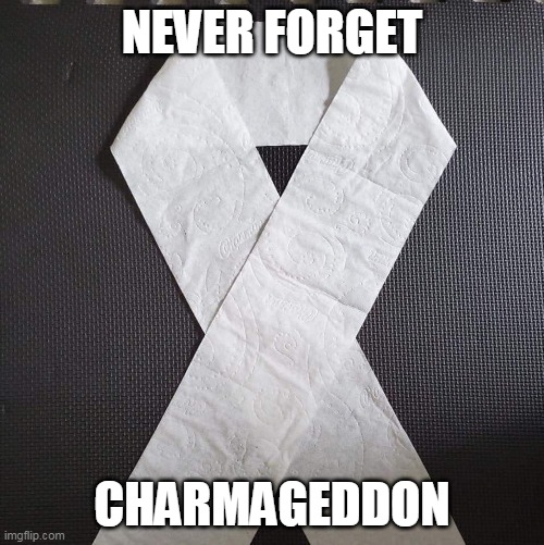 Charmageddon | NEVER FORGET; CHARMAGEDDON | image tagged in tp,toilet paper,charmin | made w/ Imgflip meme maker
