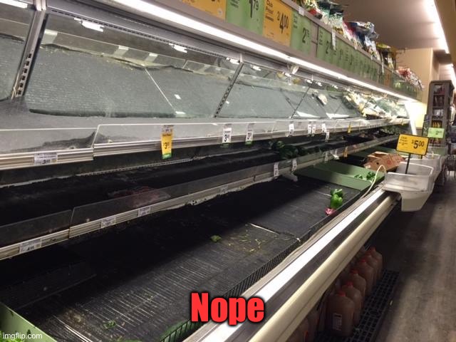 Empty Grocery Store | Nope | image tagged in empty grocery store | made w/ Imgflip meme maker