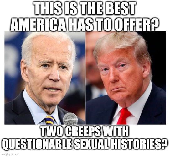 The artificially colored one is already a disaster. Guess we’ll give the other mess a shot at being less of a disaster. | THIS IS THE BEST AMERICA HAS TO OFFER? TWO CREEPS WITH QUESTIONABLE SEXUAL HISTORIES? | image tagged in joe biden,donald trump,disaster,election 2020 | made w/ Imgflip meme maker