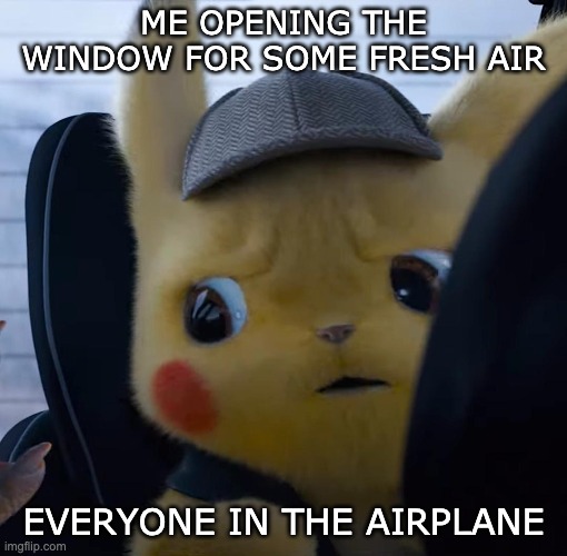 Unsettled | ME OPENING THE WINDOW FOR SOME FRESH AIR; EVERYONE IN THE AIRPLANE | image tagged in unsettled detective pikachu | made w/ Imgflip meme maker