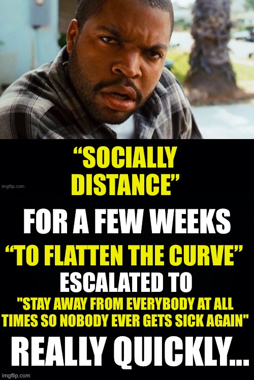 Scary fast... | “SOCIALLY DISTANCE”; FOR A FEW WEEKS; “TO FLATTEN THE CURVE”; ESCALATED TO; "STAY AWAY FROM EVERYBODY AT ALL TIMES SO NOBODY EVER GETS SICK AGAIN"; REALLY QUICKLY... | image tagged in ice cube wtf | made w/ Imgflip meme maker