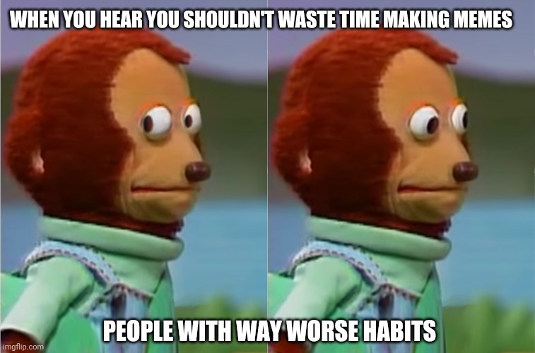 puppet Monkey looking away | WHEN YOU HEAR YOU SHOULDN'T WASTE TIME MAKING MEMES; PEOPLE WITH WAY WORSE HABITS | image tagged in puppet monkey looking away | made w/ Imgflip meme maker