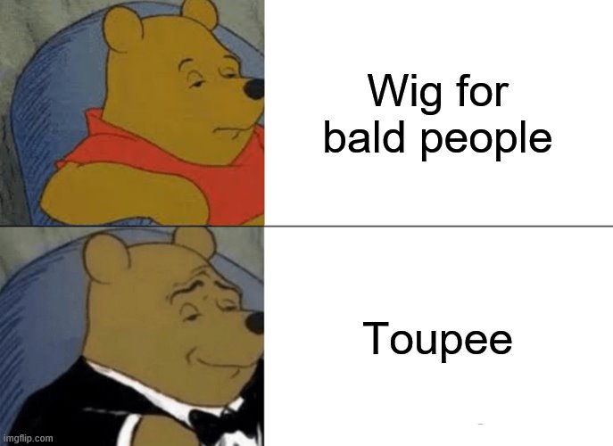 Tuxedo Winnie The Pooh Meme | Wig for bald people; Toupee | image tagged in memes,tuxedo winnie the pooh,wig,toupee,hair | made w/ Imgflip meme maker