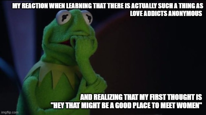 love addicts | MY REACTION WHEN LEARNING THAT THERE IS ACTUALLY SUCH A THING AS
LOVE ADDICTS ANONYMOUS; AND REALIZING THAT MY FIRST THOUGHT IS  "HEY THAT MIGHT BE A GOOD PLACE TO MEET WOMEN" | image tagged in kermit worried face | made w/ Imgflip meme maker