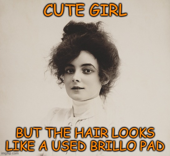 CUTE GIRL; BUT THE HAIR LOOKS LIKE A USED BRILLO PAD | image tagged in vintage,retro,bad hair day | made w/ Imgflip meme maker