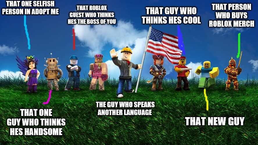 THAT ONE SELFISH PERSON IN ADOPT ME; THAT PERSON WHO BUYS ROBLOX MERCH; THAT ROBLOX GUEST WHO THINKS HES THE BOSS OF YOU; THAT GUY WHO THINKS HES COOL; THE GUY WHO SPEAKS ANOTHER LANGUAGE; THAT ONE GUY WHO THINKS HES HANDSOME; THAT NEW GUY | image tagged in roblox | made w/ Imgflip meme maker
