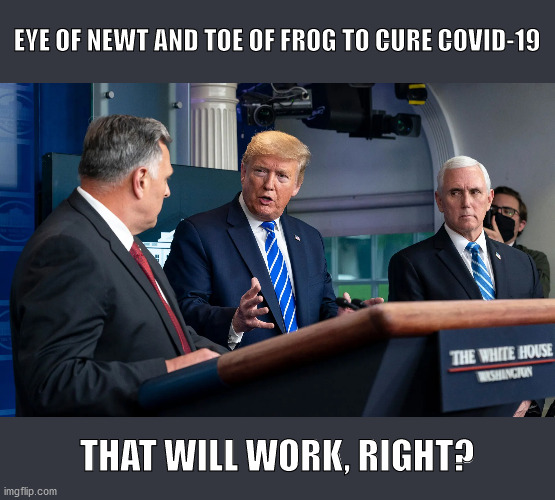 Trump Trump, boil and trouble | EYE OF NEWT AND TOE OF FROG TO CURE COVID-19; THAT WILL WORK, RIGHT? | image tagged in donald trump,covid-19,shakespeare | made w/ Imgflip meme maker