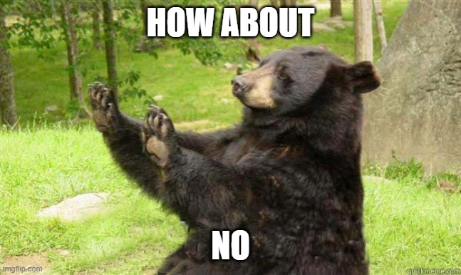 How about no bear | HOW ABOUT NO | image tagged in how about no bear | made w/ Imgflip meme maker
