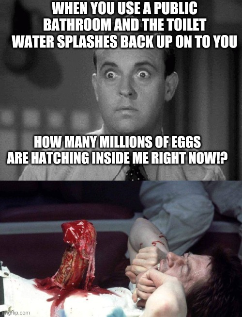 I feel this way everytime! | WHEN YOU USE A PUBLIC BATHROOM AND THE TOILET WATER SPLASHES BACK UP ON TO YOU; HOW MANY MILLIONS OF EGGS ARE HATCHING INSIDE ME RIGHT NOW!? | image tagged in shocked face,aliens,memes,funny,toilet,public restrooms | made w/ Imgflip meme maker