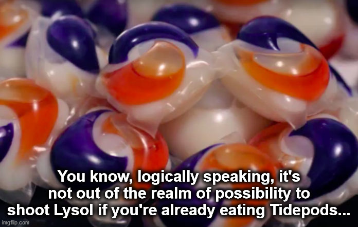 tid | You know, logically speaking, it's not out of the realm of possibility to shoot Lysol if you're already eating Tidepods... | image tagged in tid | made w/ Imgflip meme maker