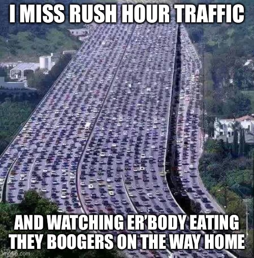 Booger Hour | I MISS RUSH HOUR TRAFFIC; AND WATCHING ER’BODY EATING THEY BOOGERS ON THE WAY HOME | image tagged in worlds biggest traffic jam,boogers,covid-19 | made w/ Imgflip meme maker