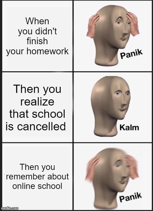 Panik Kalm Panik | When you didn't finish your homework; Then you realize that school is cancelled; Then you remember about online school | image tagged in memes,panik kalm panik | made w/ Imgflip meme maker