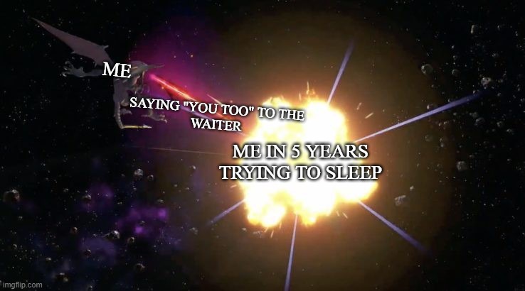 Every Single Time (Original Template) |  ME; SAYING "YOU TOO" TO THE
WAITER; ME IN 5 YEARS TRYING TO SLEEP | image tagged in super smash bros,metroid,relatable,me irl,funny,funny memes | made w/ Imgflip meme maker