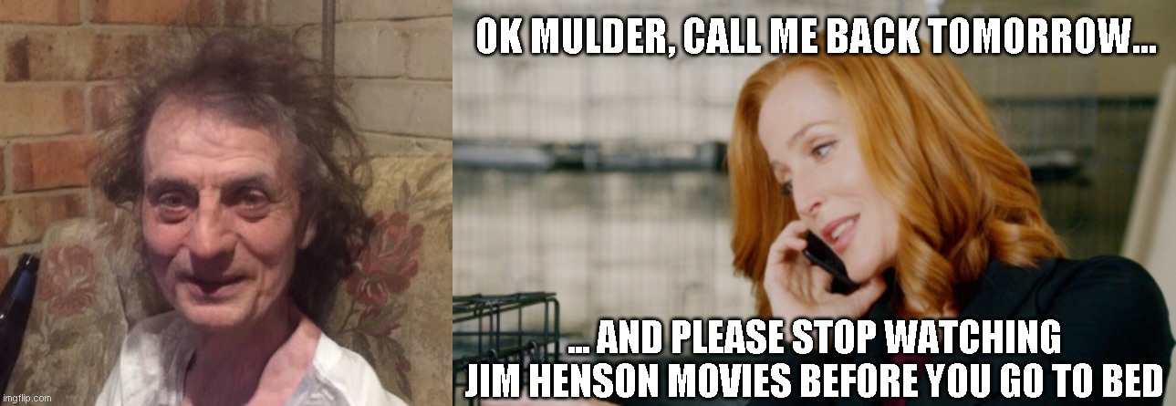 scully doesn't believe | OK MULDER, CALL ME BACK TOMORROW... ... AND PLEASE STOP WATCHING JIM HENSON MOVIES BEFORE YOU GO TO BED | image tagged in scully,x files,x-files,funny,humor,memes | made w/ Imgflip meme maker