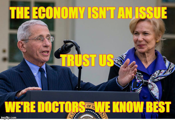 Political Science on Parade | THE ECONOMY ISN'T AN ISSUE; TRUST US; WE'RE DOCTORS    WE KNOW BEST | image tagged in fauci,birx,fascism,socialism,coronavirus,economy | made w/ Imgflip meme maker