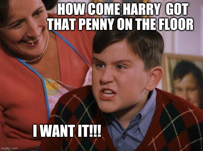 Harry Potter Dudley's Birthday | HOW COME HARRY  GOT THAT PENNY ON THE FLOOR; I WANT IT!!! | image tagged in harry potter dudley's birthday | made w/ Imgflip meme maker