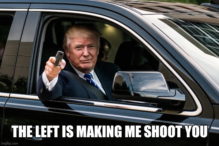 D.A.R.V.O. | THE LEFT IS MAKING ME SHOOT YOU | image tagged in trump gun | made w/ Imgflip meme maker