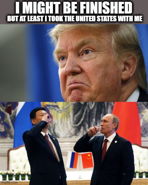 They toast the useful idiot, and our demise. | I MIGHT BE FINISHED; BUT AT LEAST I TOOK THE UNITED STATES WITH ME | image tagged in memes,politics,maga,impeach trump,donald trump is an idiot | made w/ Imgflip meme maker
