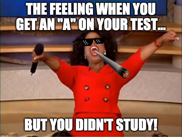 Oprah You Get A | THE FEELING WHEN YOU GET AN "A" ON YOUR TEST... BUT YOU DIDN'T STUDY! | image tagged in memes,oprah you get a | made w/ Imgflip meme maker