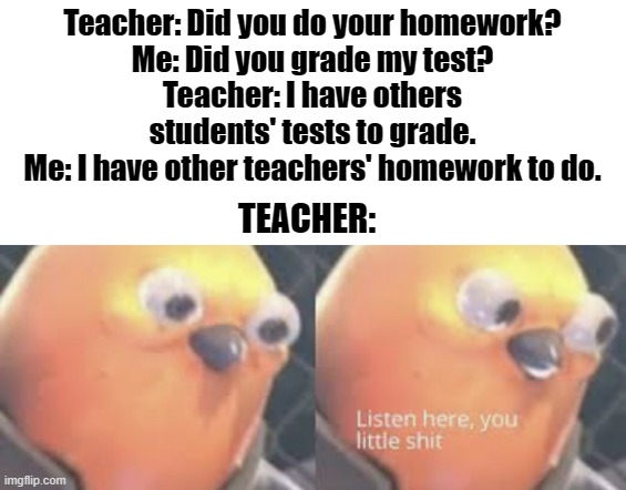 Listen here you little shit bird | Teacher: Did you do your homework?
Me: Did you grade my test?
Teacher: I have others students' tests to grade.
Me: I have other teachers' homework to do. TEACHER: | image tagged in listen here you little shit bird | made w/ Imgflip meme maker