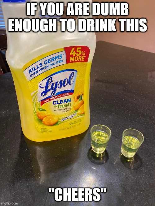 Lysol Meme | IF YOU ARE DUMB ENOUGH TO DRINK THIS; "CHEERS" | image tagged in lysol shots | made w/ Imgflip meme maker