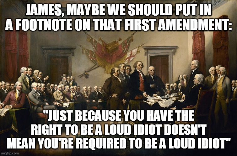 Founding Fathers | JAMES, MAYBE WE SHOULD PUT IN A FOOTNOTE ON THAT FIRST AMENDMENT:; "JUST BECAUSE YOU HAVE THE RIGHT TO BE A LOUD IDIOT DOESN'T MEAN YOU'RE REQUIRED TO BE A LOUD IDIOT" | image tagged in founding fathers | made w/ Imgflip meme maker
