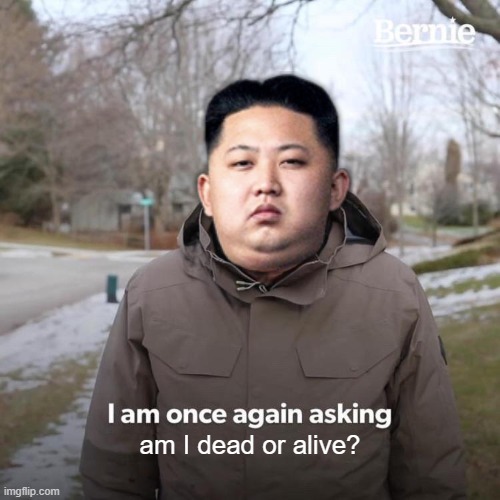Some news sources saying he's dead, some saying he's been perfectly fine. Which is it? | am I dead or alive? | image tagged in memes,bernie i am once again asking for your support,kim jong un,north korea,dead | made w/ Imgflip meme maker