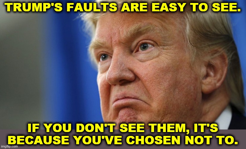 They're there in plain sight. You can't miss them, unless you want to. | TRUMP'S FAULTS ARE EASY TO SEE. IF YOU DON'T SEE THEM, IT'S BECAUSE YOU'VE CHOSEN NOT TO. | image tagged in trump angry,trump,fault,problems,failure | made w/ Imgflip meme maker