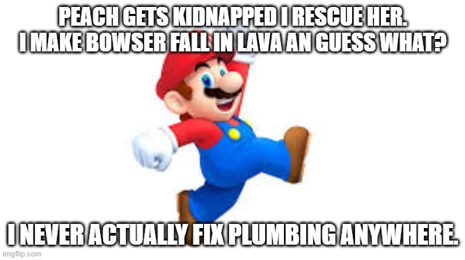 Super Mario | PEACH GETS KIDNAPPED I RESCUE HER. I MAKE BOWSER FALL IN LAVA AN GUESS WHAT? I NEVER ACTUALLY FIX PLUMBING ANYWHERE. | image tagged in mario | made w/ Imgflip meme maker