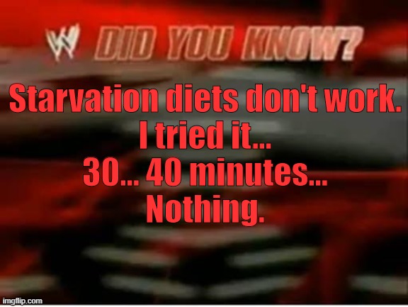 wwe did you know | Starvation diets don't work.
I tried it...
30... 40 minutes...
Nothing. | image tagged in wwe did you know | made w/ Imgflip meme maker