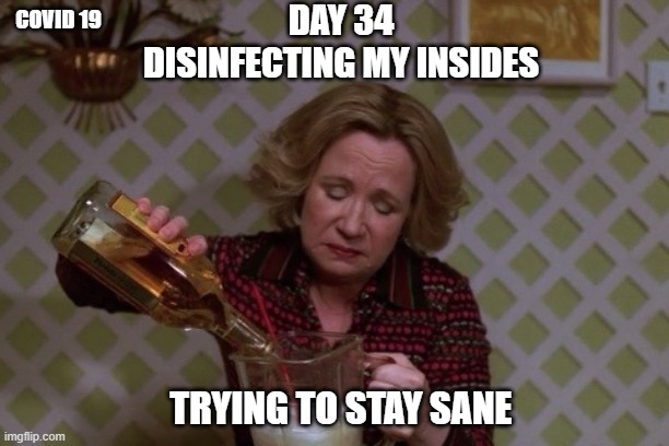 kitty | DAY 34
DISINFECTING MY INSIDES; COVID 19; TRYING TO STAY SANE | image tagged in kitty drinkgin that 70s show | made w/ Imgflip meme maker
