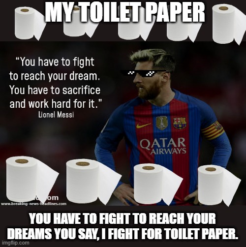 Why toilet paper | MY TOILET PAPER; YOU HAVE TO FIGHT TO REACH YOUR DREAMS YOU SAY, I FIGHT FOR TOILET PAPER. | image tagged in funny memes | made w/ Imgflip meme maker