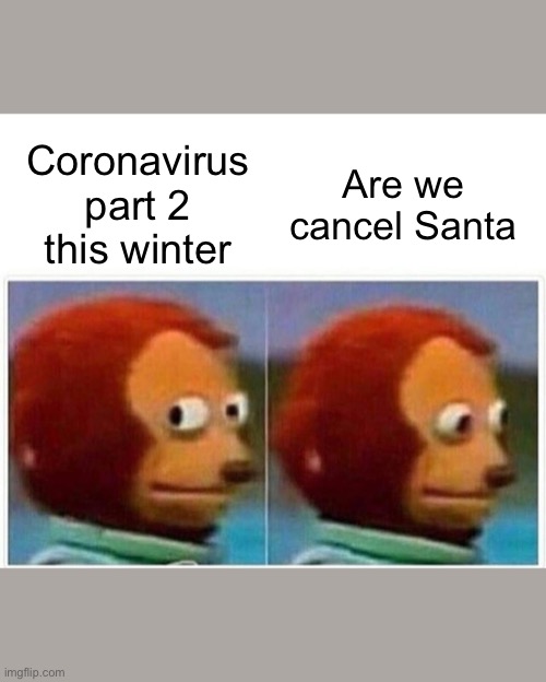 Monkey Puppet Meme | Are we cancel Santa; Coronavirus part 2 this winter | image tagged in memes,monkey puppet,coronavirus,santa | made w/ Imgflip meme maker