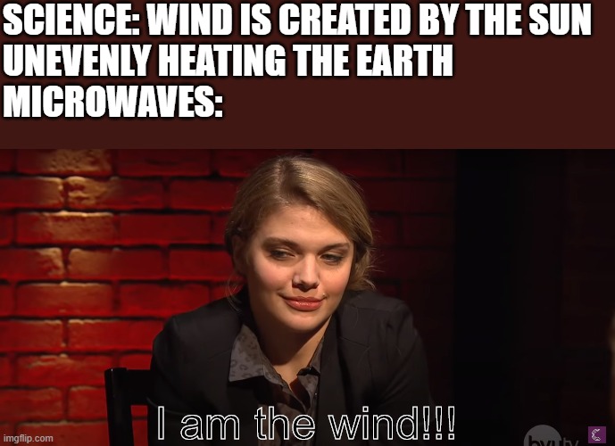 Why do microwave cook so unevenly? | SCIENCE: WIND IS CREATED BY THE SUN
UNEVENLY HEATING THE EARTH
MICROWAVES:; I am the wind!!! | image tagged in i am the wind,memes | made w/ Imgflip meme maker