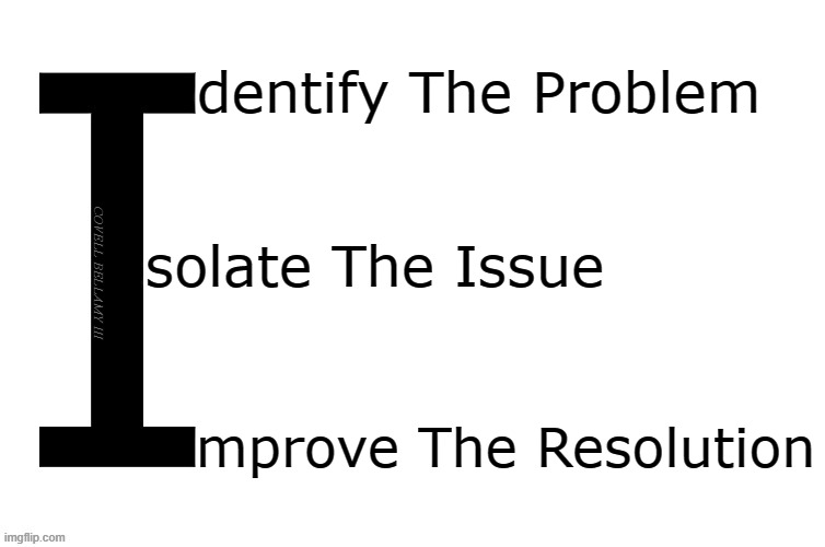 Improvement | dentify The Problem; solate The Issue; COVELL BELLAMY III; mprove The Resolution | image tagged in improvement | made w/ Imgflip meme maker