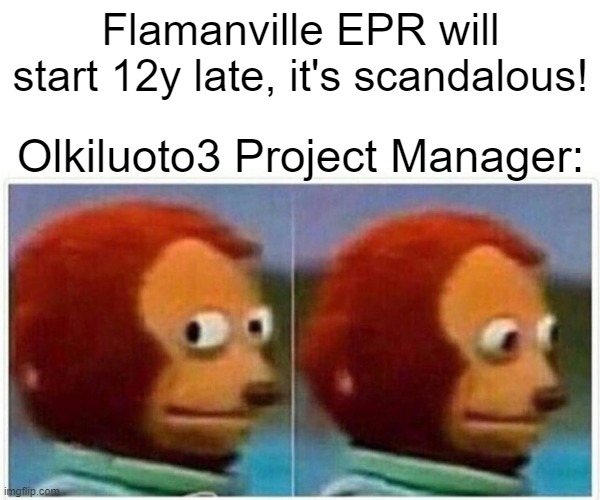 Monkey Puppet Meme | Flamanville EPR will start 12y late, it's scandalous! Olkiluoto3 Project Manager: | image tagged in memes,monkey puppet | made w/ Imgflip meme maker