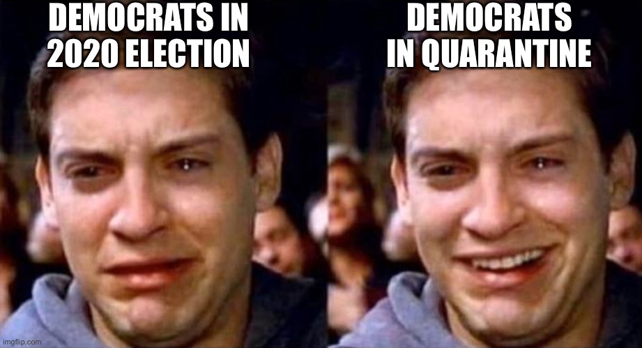 Politics lol | DEMOCRATS IN 2020 ELECTION; DEMOCRATS IN QUARANTINE | image tagged in peter parker cry then smile,peter parker,funny,memes,politics,quarantine | made w/ Imgflip meme maker