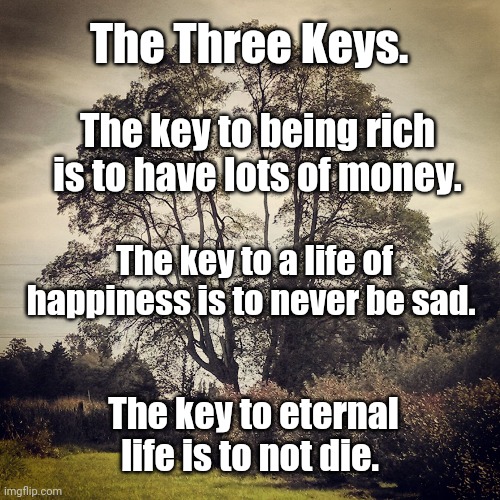 ... | The Three Keys. The key to being rich is to have lots of money. The key to a life of happiness is to never be sad. The key to eternal life is to not die. | image tagged in tree quote inspirational,deep thoughts | made w/ Imgflip meme maker