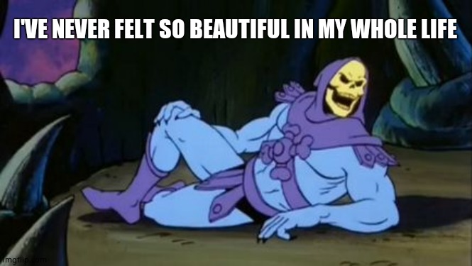 Sexy Skeletor | I'VE NEVER FELT SO BEAUTIFUL IN MY WHOLE LIFE | image tagged in sexy skeletor | made w/ Imgflip meme maker