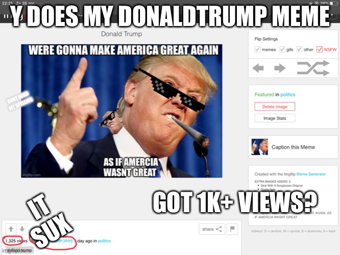 Wat the frik | Y DOES MY DONALDTRUMP MEME; DONT MIND MY SPELLING; GOT 1K+ VIEWS? IT SUX | image tagged in wut | made w/ Imgflip meme maker